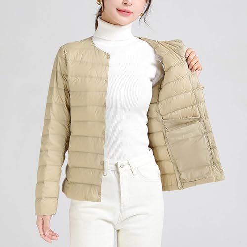 Women Ultra Lightweight Down Jacket Packable Collarless Button Down Quilted Short Puffer Parka Coats Outerwear Pocket4