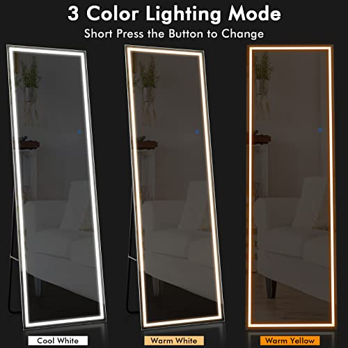 Bewitu 63"X20" Full Length Mirror With Led Lights, Free Standing Lighted Floor Mirror, Wall Mounted Hanging Mirror With Lights, Full Body Mirror For Bedroom With Dimming Lights & 3 Color Modes (Black) #TOP1