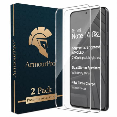Image of ArmourPro 3D Borderless Tempered Glass for Redmi Note 14 SE and Redmi Note 14, Set of 2 HD Clear Screen Protectors with 3D Curved Edges, 9H Hardness, Oleophobic Coating, Case Friendly