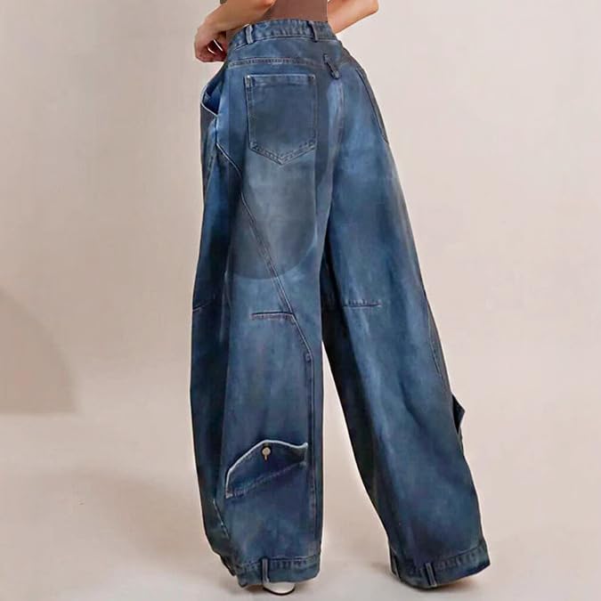 Women's Large Size Loose Denim Pants Vintage Casual Old Splicing Wide Leg Jeans3