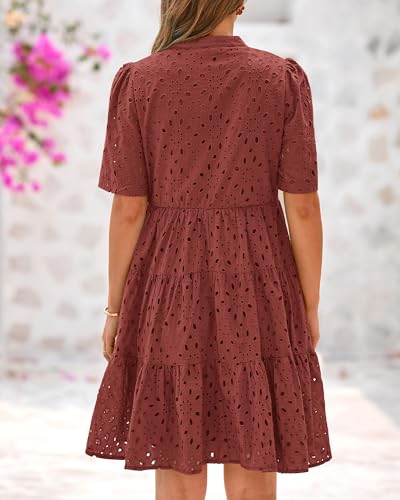 Image of BTFBM Womens Boho Summer Dresses 2026 Spring V Neck Short Sleeve Hollow Out Lace Ruffle Casual Beach Mini Vacation Dress