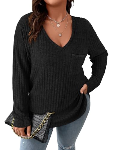 Image of Koscacy Women Plus Size Casual Knit Sweater with Pocket V Neck Solid Color Tops Lightweight Long Sleeve Blouses