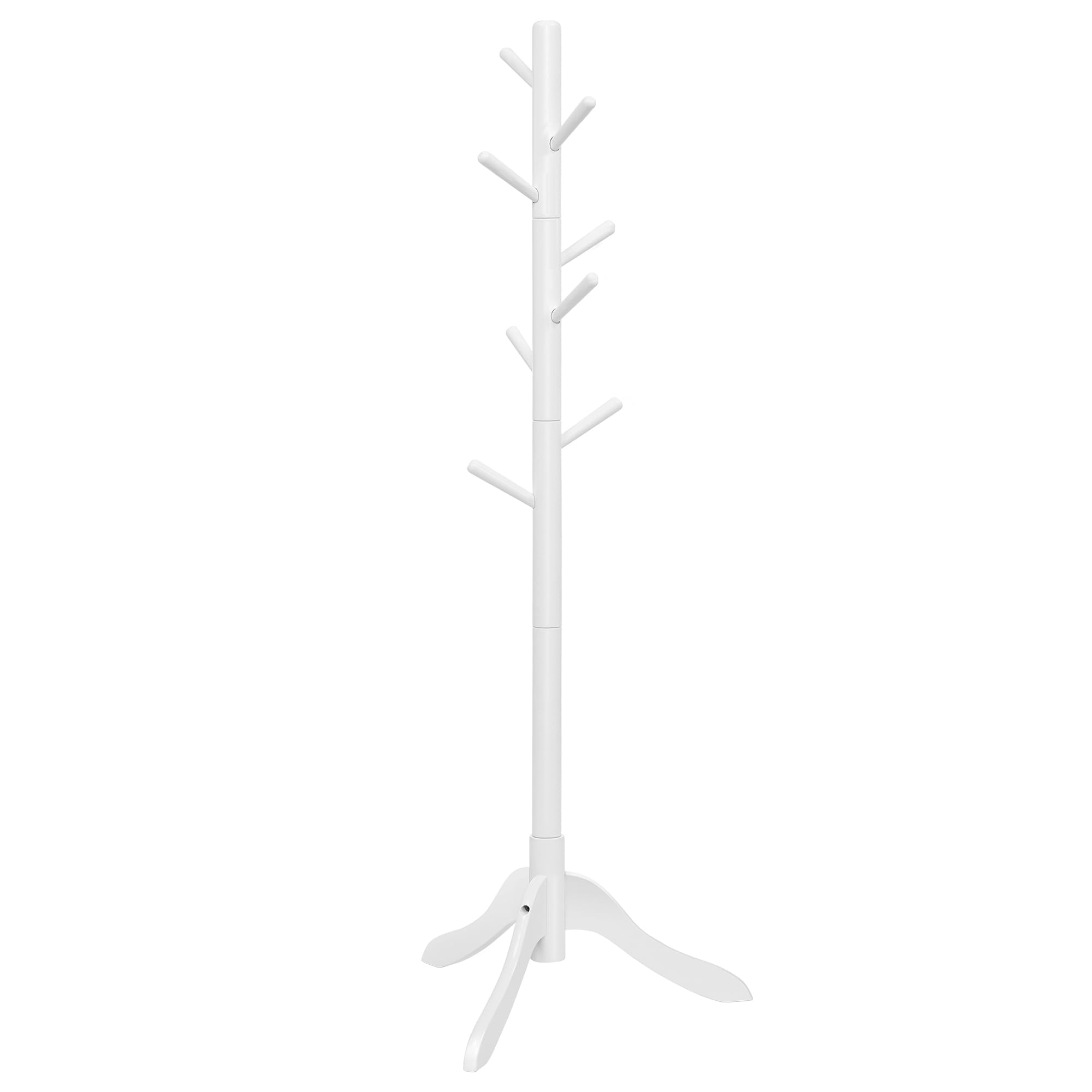 VASAGLE Solid Wood Coat Rack, Free Standing Tree-Shaped Coat Rack with 8 Hooks, 3 Height Options, for Clothes, Hats, Bags, Living Room, Bedroom, Home Office, Cloud White URCR01WT