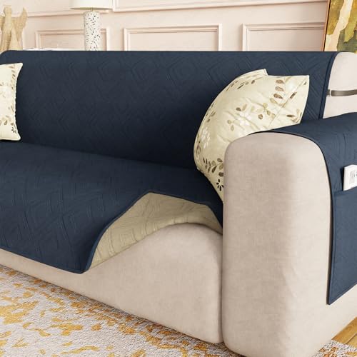 Image of Lukzer 1 Seater Reversible Quilted Sofa Mat - Dot Frame Pattern | Blue | 250 GSM Polyester Sofa Runner with Arms & Deep Storage Pocket | Machine Washable Sofa Cover with Elastic Belt (SC-211-01)