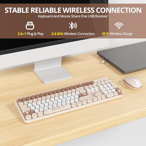 Image of Owpkeenthy Cute Beige Keyboard and Mouse Wireless, Colorful Keyboard Retro Typewriter Style Full-Sized with Number Pad Round Keys for Desktop, Laptop and Computerr (Bunny Beige)