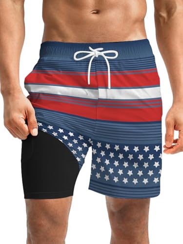 Mens Swim Trunks with Compression Liner 7 Inch Stretch Board Shorts 2 in 1 Quick Dry Swimwear Bathing Suits