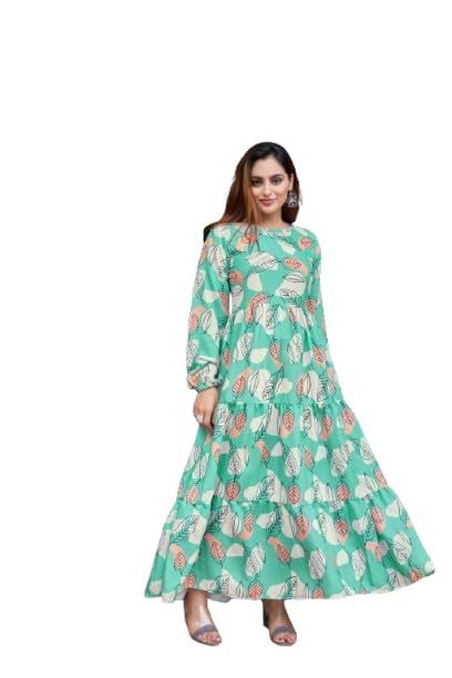 Women Premium Printed Nida Fabric Gown no Transparency Stylish Leaf Print Long Gown Dress | Full Sleeve Casual & Wear Dress-image-46