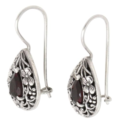NOVICA Handmade Floral Garnet Earring | Sterling Silver Red Drop Dangle | Hypoallergenic Jewelry | Long Hook Wire | Artisan Crafted | Aurora Birthstone | Lovely Daisies 1.1"L x 0.5" W x 0.2" D3