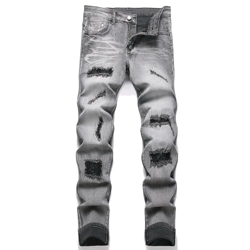 AITITIA Men's Patch Ripped Regular Fit Stretch Jeans, 1903 Gray, 34