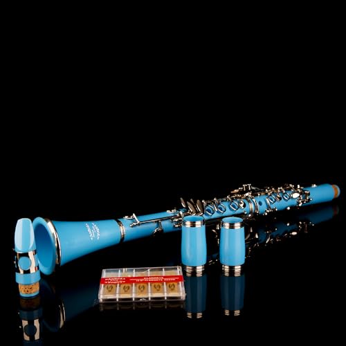 Image of Glory GLY-CLALB Professional Ebonite Bb Clarinet with 10 Reeds, Stand, Hard Case, Cleaning Cloth, Mouthpiece Brush and Pad Brush,Light Blue /Silver