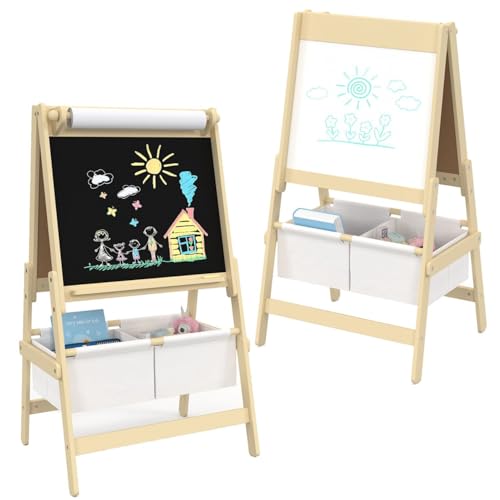 IDMarket - Tableau Enfant 3 en 1 chevalet Double Face avec Rouleau de Papier et 2 paniers de Rangement