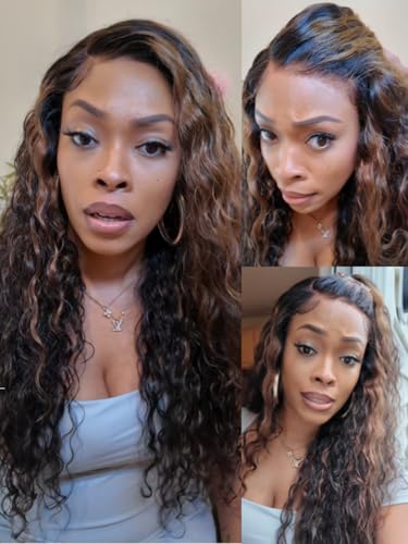 Image of Sunber Bye Bye Knots 7x5 Lace Glueless Water Wave Human Hair Wig 26Inch | Golden Brown Highlights No Slip Wet and Wave Gluless Wig 150% Density Put On Go Pre Bleached Invisible Knots
