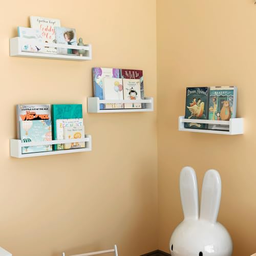 Image of CRAZYMOTO Floating Shelf Wall Set of 4, White Floating Book Shelves for Kids Room,Nursery Shelves,Book Shelf, Display Shelf Organizer Spice Rack for Bathroom, Bedroom, Living Room, Kitchen, Office