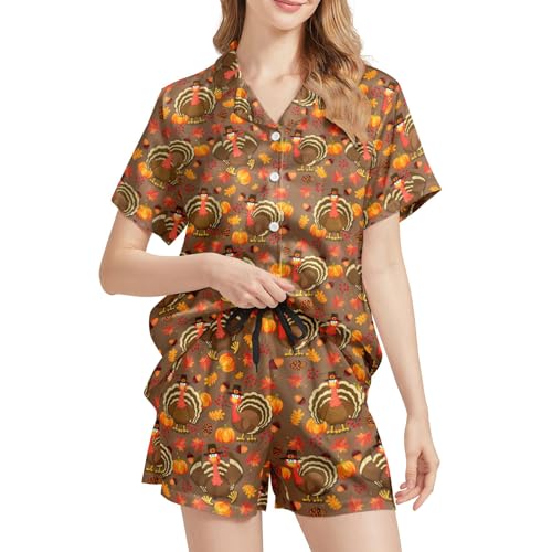 Image of Funny Satin Pajamas Set for Women Button Down Sleepwear Print Pjs Set 2 Piece Short Sleeve Loungewear Gift for Women