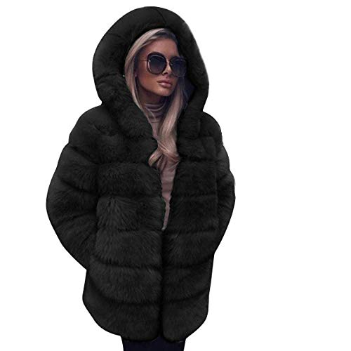 Forthery-Women Faux Fur Cardigan Coat Tops,Casual Winter Warm Solid Long Luxury Hooded Overcoat(Black,Tag XL = US L)