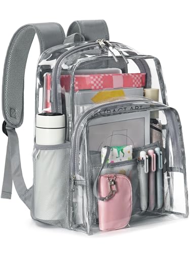 Image of Clear Backpack for School, 17 inch Large Heavy Duty-TPU See Through Bookbag for Boys Girls and Adult, Transparent Backpack With Multi-Pockets for College Work Gym Sport, Light Grey