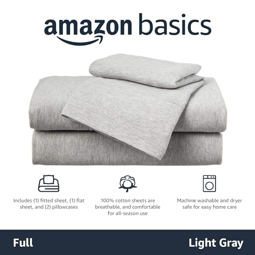 Image of Amazon Basics 4 Piece Breathable 100% Cotton Jersey Knit Bed Sheet Set, Includes Flat and Fitted Sheets, Pillowcase, Stretchy, Full, Light Gray, Solid