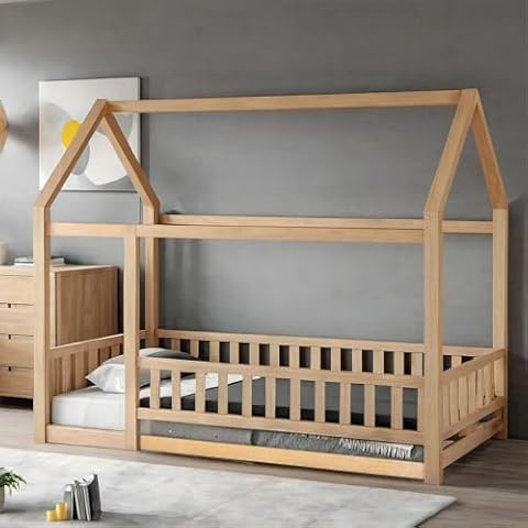 UOCFYK Twin Size Floor Bed, Wood Montessori House Bed Frame with Fence, House Floor Bed for Kids, Boys and Girls, Decoratable Playhouse for Kids, Natural Cover