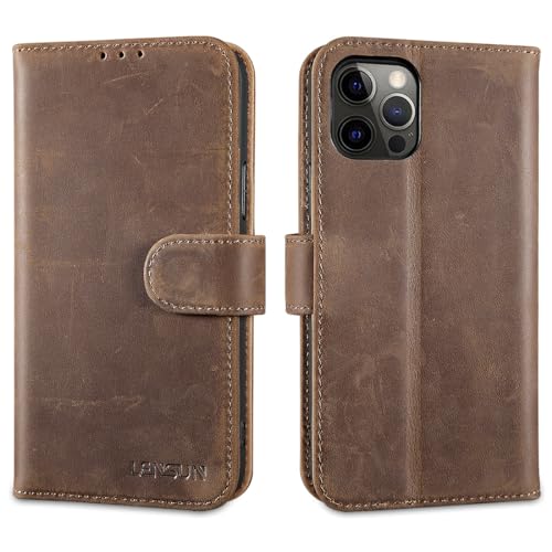 LENSUN Echtleder Hülle für iPhone 12/12 Pro, Handyhülle [Echtes Leder][Standfunktion][Kartenfächer] Handytasche Lederhülle Klappbar für iPhone 12 - Vintage Dunkelbraun