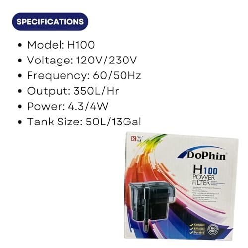 Image of TUNAI Dophin H100 Hanging Power Filter for Aquarium Fish Tank | Mechanical and Biological Filtration in One System | Output: 350 /350L /H | Suitable for Tank Size 50 L | (Original from Store)