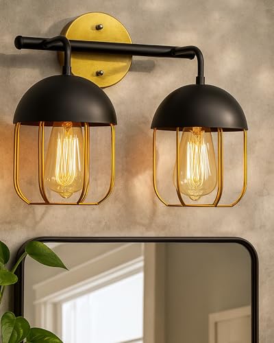 Image of Homesake Cage Wall Sconce, Modern Bathroom Wall Light Fixtures 2 Light Bathroom Vanity Light, Fixture for Bathrooms Lights Over Mirror, Farmhouse Black and Gold (11.5 inch)