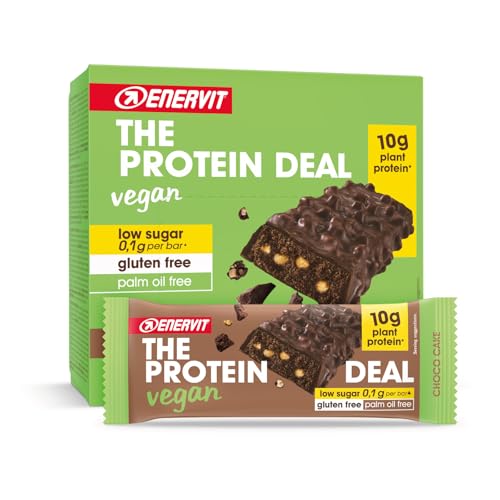 Enervit The Protein Deal Choco Cake Vegan, Barritas Proteicas, Sabor Chocolate Negro, Snack Delicioso, Vegano, 10g de Proteínas, 0,1g de Azúcares, Sin Gluten, 12 Barritas de 40g