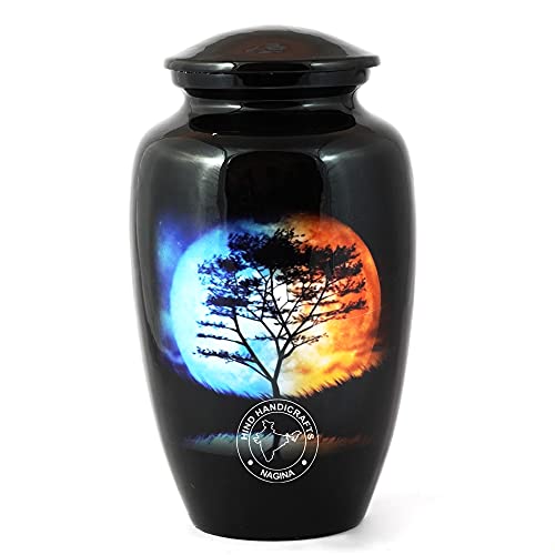 Aluminium Cremation Urn for Human Ashes - Handcrafted Adult Funeral Urn with Moonlight Tree Design, Sun & Moon Night, 200 Cubic Inches
