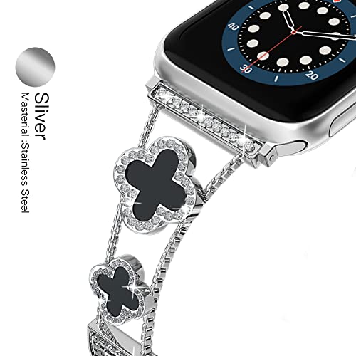 Image of Musk-MSKR Diamond Metal Bands Add Sparkle to Your Watch For Apple Watch Series 11 /10 /9 /8 /7 /6 /5 /4 /3 /2 /SE /Ultra Clover Simple and Stylish Compatible with 38mm40mm41mm42mm44mm45mm 46mm49mm Women's Wear