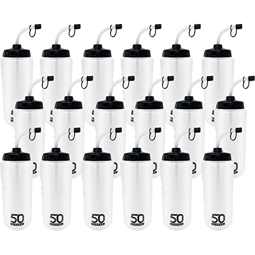 50 Strong 1 Liter Water Bottle with Straw | Hockey Water Bottle with Long Straw | Easy Squeeze Bottles + Built In Finger Grip | Bulk Water Bottles 18 Pack | BPA-Free Sports Water Bottle | Made in USA