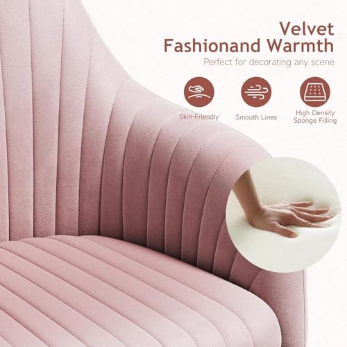 Image of Velvet Desk Chair for Home Office, Adjustable Swivel Task Chair Modern Computer Vanity Chairs with Arm Rest for Bedroom Living Room Make-up Room (Pink Light)