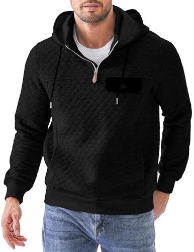 JMIERR Men's Quilted Hoodies Casual Long Sleeve Quarter-Zip Pullover Sweatshirt with Pockets