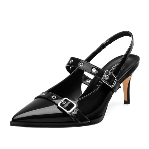 Women‘s Slingback Pumps, Pointed Toe Mid Heel with Elastic Slingback Shoes, Adjustable Buckle Fashion Pump for Party Working Daily