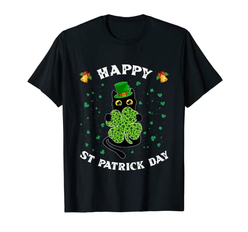 Kitty Black Cat hält Kleeblatt in der Hand Alles Gute zum St. Patrick's Day 2023 T-Shirt