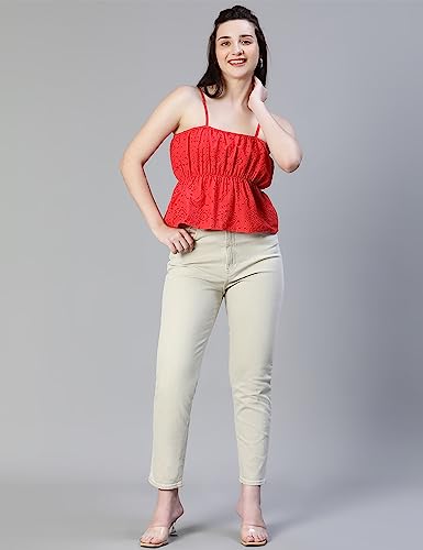 Image of oxolloxo Women Schiffli Elsaticated Shoulder Strap Cotton Top