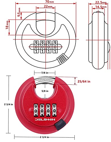 Delswin Outdoor Combination Padlock - 4 Digit Heavy Duty Disc Lock With Hardened Shackle,Combo Padlock For Gate,Storage Unit,Fence(25/64" Shackle, Red,2Pcs) #TOP1