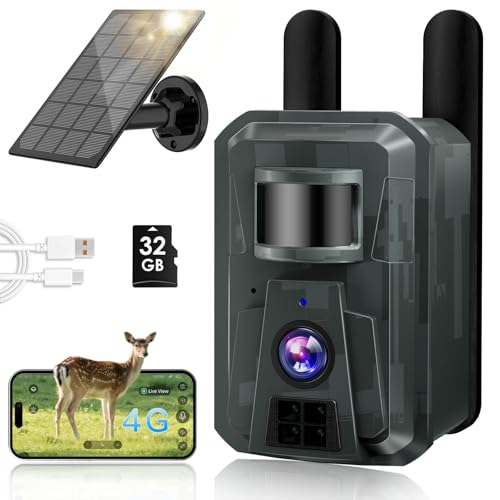 Trail Camera with Night Vision Game Cameras : 4G Cellular Trail Cam with Motion Activated Waterproof - Wildlife Camera with Solar Panel for Outdoor Deer Monitoring and Property Security with 32GB Card