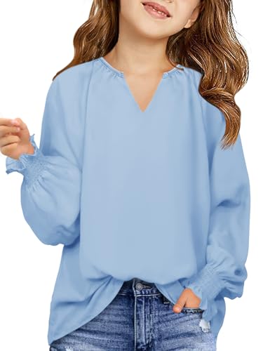 Haloumoning Girls Shirts Long Sleeve V Neck Chiffon Tops Cute Blouses Tops 5-14 Years
