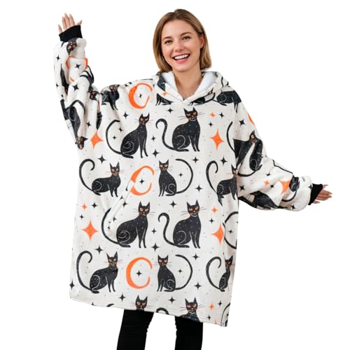 Huglanket Black Cat Gifts, Oversized Flannel Hooded Blankets, Gifts for Birthday, Christmas, and so on, One Size Fits Most