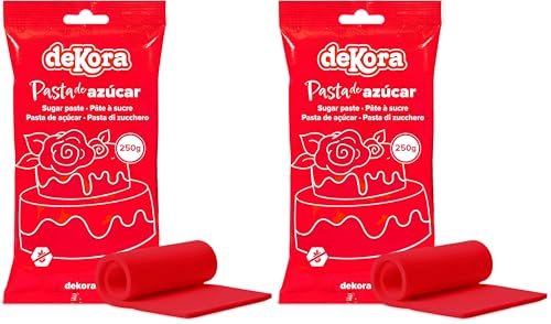 Dekora - Fondant Rojo | Pasta de Fondant para Tartas - Cobertura para Bizcochos, Tartas, Pasteles, Magdalenas o Cupcakes con el que Poder Hacer Todo Tipo de Decoraciones - 250 gr (Paquete de 2)