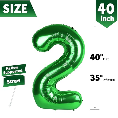 Image of 40 Inch Green Number 2 Balloon Birthday Party Decorations for Men & Women | 40 Inch Green inflatable foil number balloons, large birthday decorations for 2nd birthday