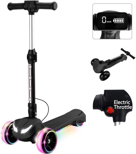 Kids Electric Scooter w/LCD Screen, Bluetooth Music, Light-Up Stem Deck & Wheels, Thumb Throttle, 3 Adjustable Heights, 150W Powerful Motor, Foldable 3 Wheel Electric Scooter for Kids Boy Girl, Black