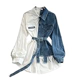 CAEITLRSO Women Dresses - Retro Temperament Waist Color Matching Denim Shirt Women's Spring Casual Dress with Denim Belt, Fashion Lapel Long Sleeve Casual Shirt Dress Party Dress,White,One Size