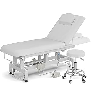 Electric Lift Massage Table Bed and Stool, Spa Facial Treatment Table w/Face Hole, Adjustable Backrest Medical Table Beauty Beds for Esthetician, Wax, Lash Extension,White
