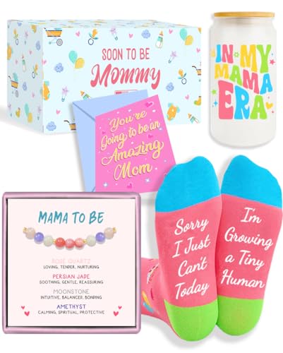 HAPPYPOP New Mom Gift Box - Pregnancy Gifts Set with Tumbler, Bracelet, Socks, Greeting Card for Mom to Be on First Mother's Day 4PCS