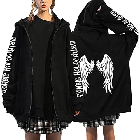 Womens Oversize Sweatshirt Womens Long Sleeve Hoodie Top Gothic Printed Full Zipper Sweatshirt with Pockets Casual Autumn Winter Outerwear Tops fit Teenage Girl Ladies White Cover
