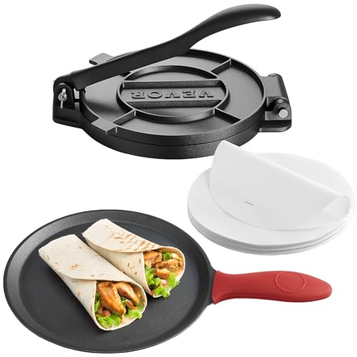 VEVOR Tortillapresse Taco Presse (25 cm) aus Graueisen, robuste Pataconera-Maker mit Griff & 100 Stk. Pergamentpapier, Teig-Presse für Tortilla, Kolumbianische Pataconera professionelle Roti Maker