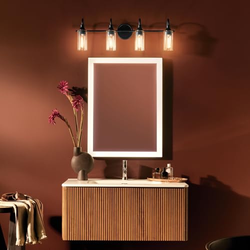 Image of Kichler Kavi 4-Light Bathroom Vanity Light, Black | Damp-rated vanity light with clear glass for bathroom mirrors (31.5 inch x 10 inch), 55212BK