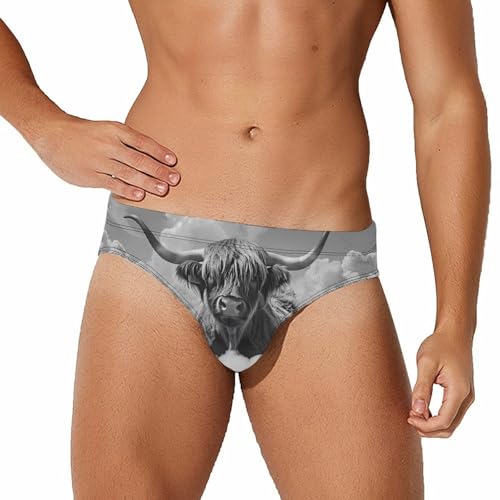 Highland Cow Bubbles Black White Novelty Men's Swimming Brief Swimwear Pants Trunks Beach Shorts Underwear