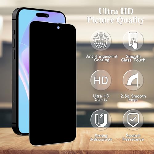 Pokolan 3 Pack Privacy Screen Protector for iPhone 15, 15 Pro 6.1-Inch, Anti Spy Tempered Glass, 9H Hardness, Case Friendly - Image 2