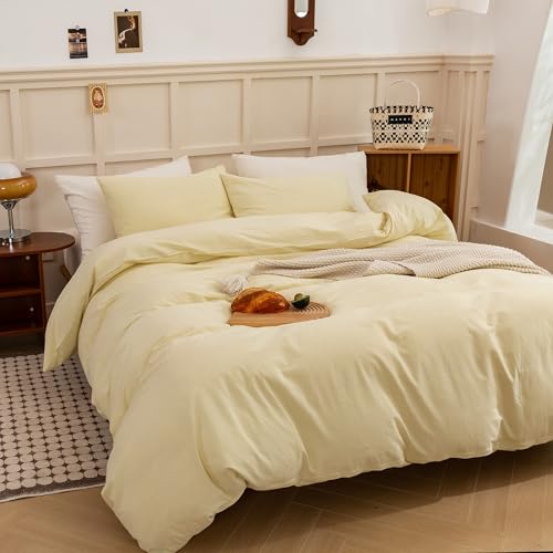 Image of ECOCOTT Duvet Cover King Size, 100% Washed Cotton Linen-Like Soft & Breathable, Durable Comfy Bedding Set for All Seasons Light Yellow